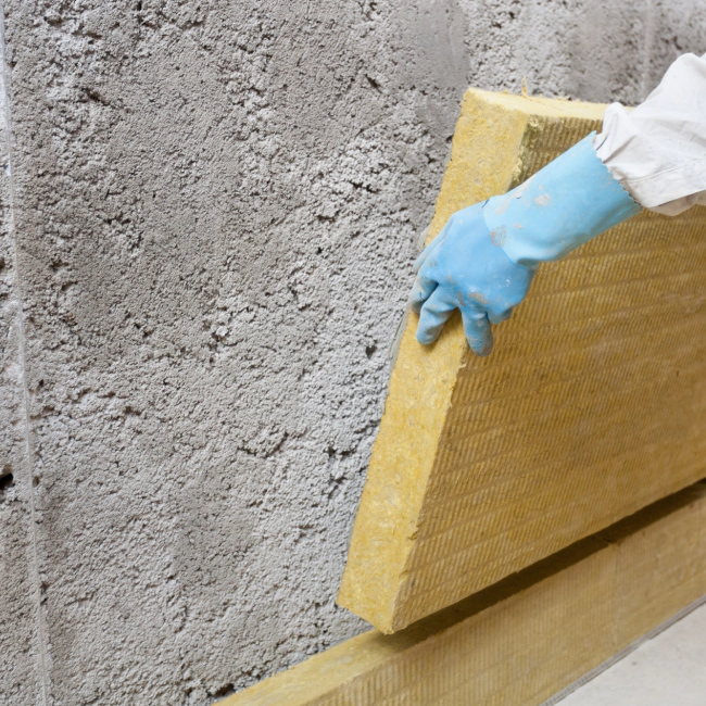 worker installing some insulation material on a wall